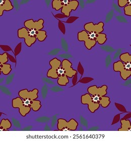 Small colorful flowers and brown flowers, hand drawn. Seamless on a light yellow background. Designed for fabric, fashion, textiles, wallpaper,