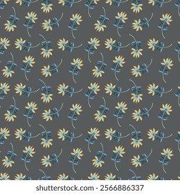 Small colorful flowers and brown flowers, hand drawn. Seamless on a light yellow background. Designed for fabric, fashion, textiles, wallpaper,