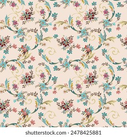 Small, colorful flowers combined with antique gold Louis patterns. vintage style floral pattern Seamless hand drawn sketch on romantic light background for textile, fabric, fashion, wallpaper, 