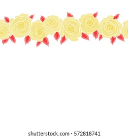 Small colorful flowers with copy space (place for your text). Small cute simple spring stylized rose flowers. Beautiful vector seamless pattern in horizontal small abstract yellow and red rose flowers