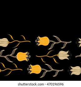 Small colorful flowers. Small cute simple spring stylized tulip flowers. Beautiful vector seamless pattern in small abstract beige, black and yellow tulip flowers.