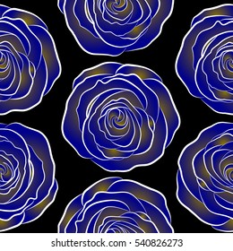 Small colorful flowers. Small cute simple spring stylized rose flowers. Black background. Beautiful vector seamless pattern in small abstract blue and brown rose flowers.