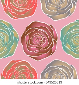 Small colorful flowers. Small cute simple spring stylized rose flowers. Beautiful vector seamless pattern in small abstract pink, beige and neutral rose flowers.
