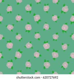 Small colorful flowers. Small cute simple spring stylized rose flowers. Beautiful vector seamless pattern in small abstract green rose flowers.