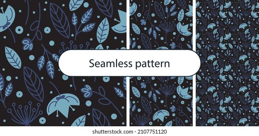 Small colorful flowers. Floral vector illustration. Seamless pattern with blue flowers on a dark background.