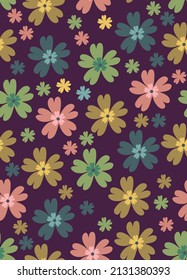 Small colorful flowers on dark violet background. Seamless green, orange, and yellow flowers vector pattern.