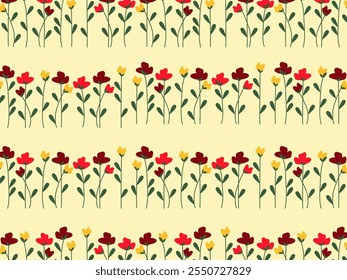 Pequeno padrão de flores coloridas em fundo amarelo claro, fundo botânico com flores vermelhas, amarelas e maroon, papel de parede floral, Ilustração vetorial.