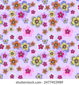 Small colorful flowers, pink, orange, yellow, hand drawn, seamless on a light purple background. Designed for fabric, fashion, textiles, wallpaper, gift wrap.