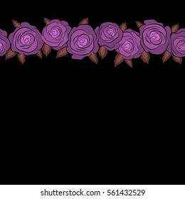 Small colorful flowers with place for your text. Small cute simple spring stylized rose flowers. Beautiful vector seamless pattern in horizontal small abstract pink and violet rose flowers.