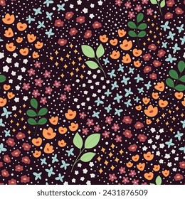 Pequeñas flores de colores sin patrón. Lindo arte vectorial ditsy para textil, papel pintado, diseño web, póster, decoración. 