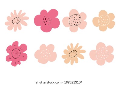 Small colorful flowers. Spring rose. Simple hand-drawn kids style. Pretty ditsy for fabric, textile, wallpaper. Digital vector illustration in white background