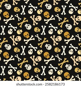 Small colorful skulls and crossbones isolated on black background. Seamless pattern. Vector simple flat graphic illustration. Texture.