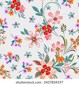 Small colorful spring flowers, hand drawn, seamless, on a soft background. Designed for fabric, textiles, gift wrap.