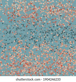 Small, colorful uneven spots and particles of debris. Abstract vector texture. Distressed uneven background. Texture overlay with fine grains and spots. Vector illustration. EPS10.