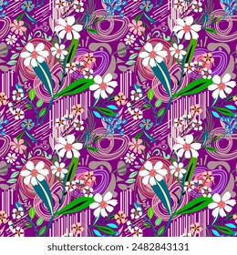 Small colorful wildflowers in spring. Hand drawn. Seamless pattern. on a purple background Fabric design ideas, textiles, gift wrapping paper, wallpaper