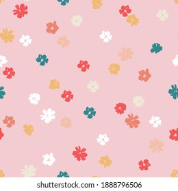 Small colourful flowers on a pink background seamless pattern design. Trendy illustrated vector pattern for brand identity, stationery, wrapping, and wallpapers. Minimalistic floral background.