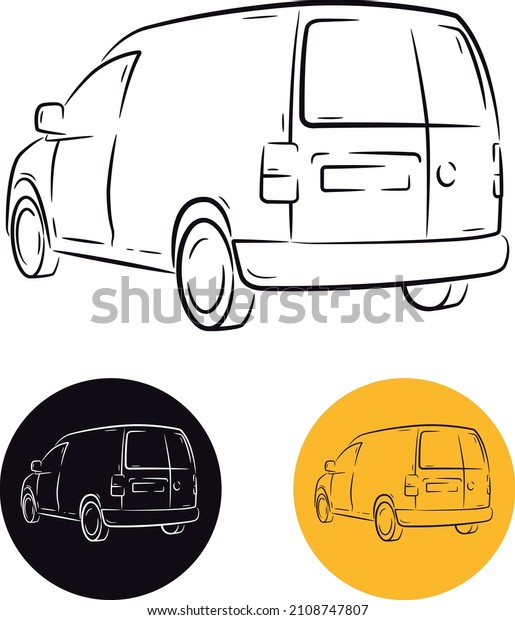 Small commercial vehicle cartoon made\
of simple vector lines. Smaller van for goods\
delivery.
