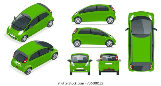 Small Compact Electric vehicle or hybrid car. Eco-friendly hi-tech auto. Easy color change. Template vector isolated on white View front, rear, side, top and isometric