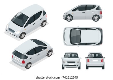 Small Compact Electric Vehicle Or Hybrid Car. Eco-friendly Hi-tech Auto. Easy Color Change. Template Vector Isolated On White View Front, Rear, Side, Top And Isometric