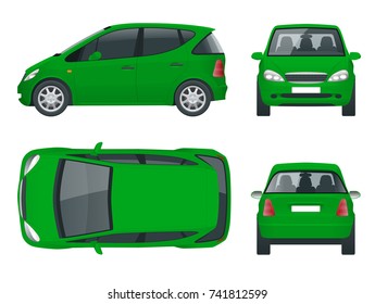 Small Compact Electric vehicle or hybrid car. Eco-friendly hi-tech auto. Easy color change. Template vector isolated on white View front, rear, side, top