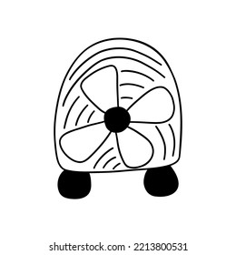 Small Compact Fan For Home Heating. Equipment With A Propeller To Radiate Heat During The Cold Season. Heating Season. Vector Black And White Isolated Illustration Hand Drawn Doodle