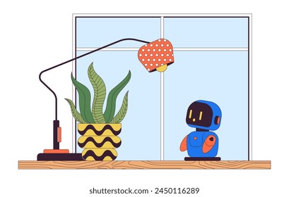 Small companion robot on desk office line cartoon flat illustration. Study buddy bot tabletop lamp houseplant 2D lineart interior isolated on white background. Wow amazed tech scene vector color image