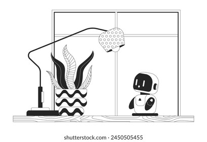 Pequeño robot de compañía en la oficina de escritorio ilustración plana de dibujos animados en blanco y negro. Estudio compañero bot lámpara de mesa planta de interior 2D lineart aislado. Increíble escena monocroma contorno de Vector Imagen