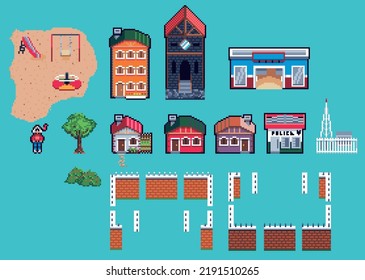 Small components of game city in pixel art. Animated tileset with houses, trees and walls in small format