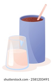 Small composition on the theme of coffee drinks. A tall cup with a small glass milk jug standing next to it. Latte drink, cacao, cappuccino, or tea with milk. Hand drawn vector illustration