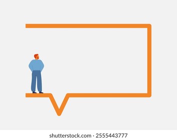 Small confident man stands on big frame of speech bubble. Poster with male who is saying. Guy sharing his ideas and point of view. Vector illustration