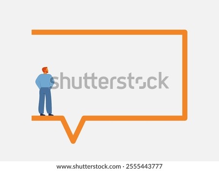 Small confident man stands on big frame of speech bubble. Poster with male who is saying. Guy sharing his ideas and point of view. Vector illustration