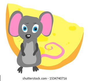 A small confused and surprised mouse next to a huge piece of cheese