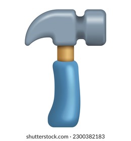 Small construction 3d hammer in a cute kid's style in the form of a plastic toy for repair and nailing. Vector illustration of a classic mallet with a wooden and blue rubber handle