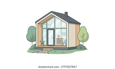 A small contemporary house featuring a floor to ceiling glass facade, a dark gabled roof, and a simple wooden structure surrounded by stylized trees