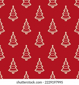 Small contour linear beige Christmas trees isolated on a red background. Cute monochrome festive seamless pattern. Vector simple flat graphic illustration. Texture.