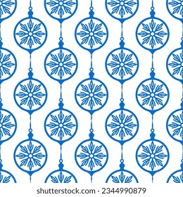 Small contour linear blue Christmas balls and snowflakes isolated on white background. Cute monochrome seamless pattern. Vector simple flat graphic illustration. Texture.