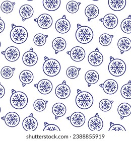 Small contour linear blue Christmas balls and snowflakes isolated on a white background. Cute monochrome holiday seamless pattern. Vector simple flat graphic illustration. Texture.