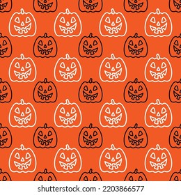 Small contour linear Halloween pumpkins isolated on orange background. Cute festive seamless pattern. Vector simple flat graphic illustration. Texture.