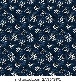 Small contour linear white flowers isolated on a dark blue background. Floral seamless pattern. Vector simple flat graphic hand drawn illustration. Texture.
