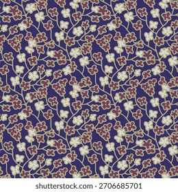 Pequeñas flores y subgrupos contrastantes sobre un fondo profundo que forman un patrón de Vector sin costuras adecuado para la ropa y la decoración.