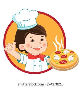 Small Cook With Pizza. Vector Illustration Isolated On A White Background. Vector Character. Kids In The Kitchen. Young Boy Chef. Cheerful Cook. Kitchen. Restaurant. Cooking Food. Mischievous Picture.