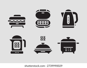 Small cooking appliances solid icons including toaster fryer cooker and kitchen devices