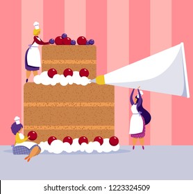 Small Cooking Chef Women In White Aprons In Flat Vector Illustration. Funny Giant Wedding Cake. 