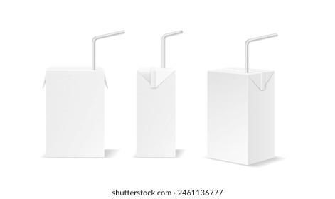 Small copy space boxes of drink with straws realistic vector illustration set. Personal beverage carton packs 3d objects on white background