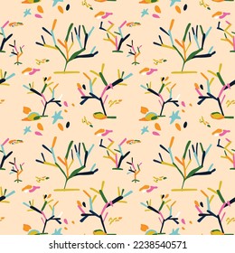 small coral. Modern exotic floral jungle pattern. Collage contemporary seamless pattern. Hand drawn cartoon style pattern.