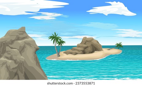 Small coral rock island view in the ocean, tropical coconut palm tree island flat vector illustration