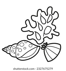 Small coral with two seashells side by side outlined for coloring page isolated on white background