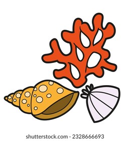 Small coral with two seashells side by side color variation for coloring page isolated on white background