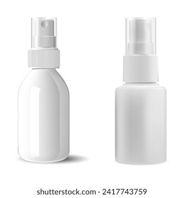 Small cosmetic spray bottle mockup. Mist spray container, facial toner packaging sample design. Realistic medical product container blank. Vector mockup of cosmetic product sample