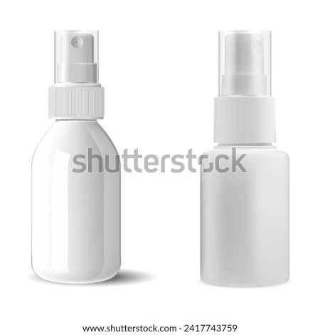 Small cosmetic spray bottle mockup. Mist spray container, facial toner packaging sample design. Realistic medical product container blank. Vector mockup of cosmetic product sample